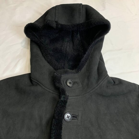 VTG 90s Comme Ça Collection Black Sheepskin Leather Hooded Long Coat Distressed - Picture 4 of 11
